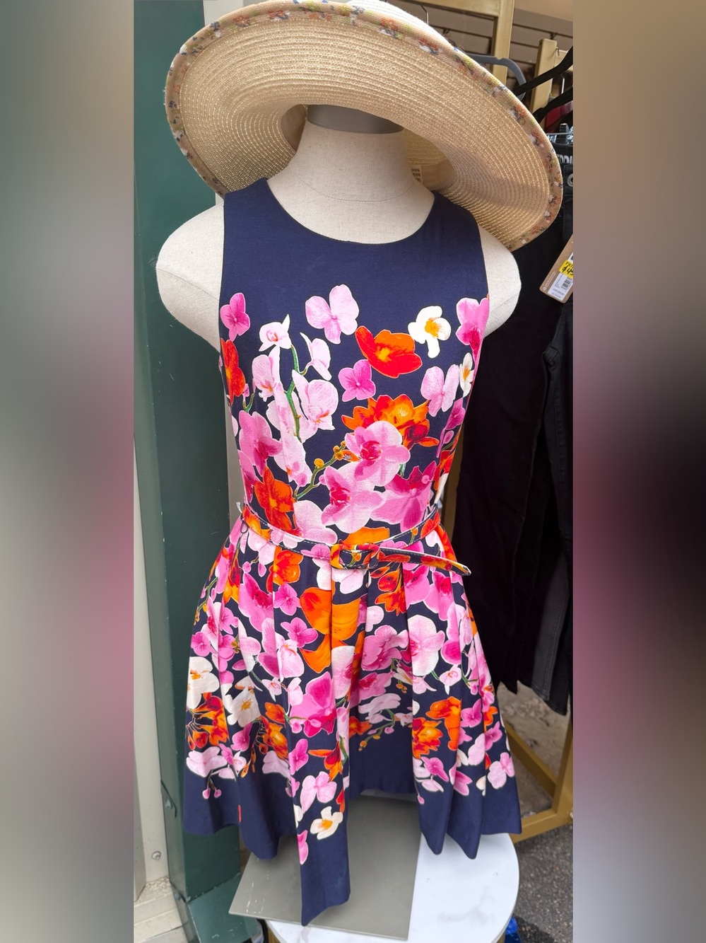 Eliza J Navy Blue Orchid Floral Belted Fit & Flare Dress Size 4